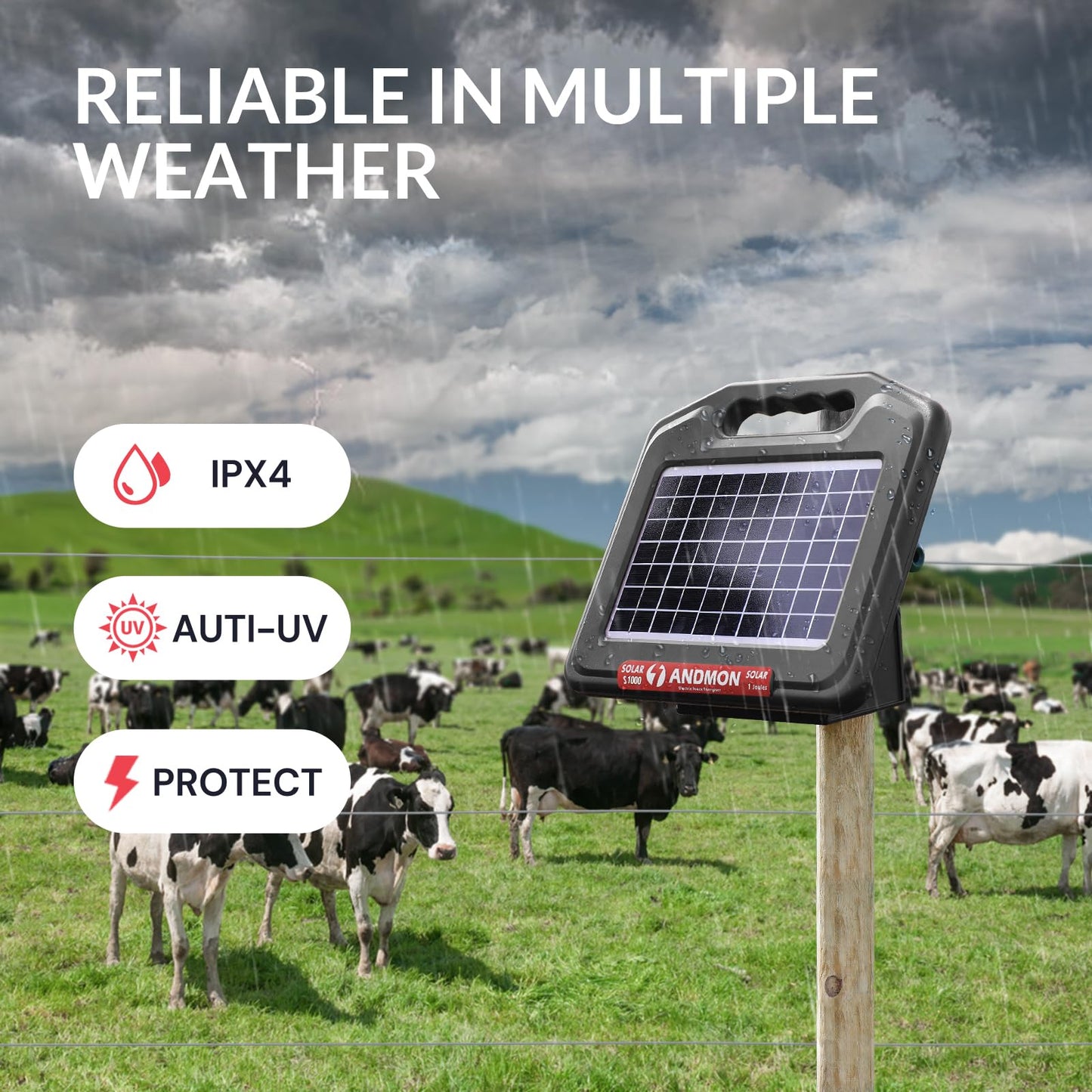 S1000 1 Joule Solar Fence Charger, 40 Miles Solar Electric Fence Charger for Livestock, Horses, Cattle Sheep, Portable and Super Tough
