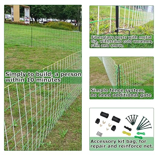Electric Fence Netting - Chicken Fences for The Yard Semi-Rigid Net for Livestock or Poultry Fence Double Spiked Poultry Netting Fence Electric Portable 35" H x 164' L, 14 Posts