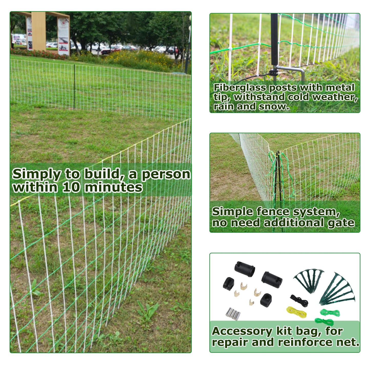 Electric Fence Netting - Chicken Fences for The Yard Semi-Rigid Net for Livestock or Poultry Fence Double Spiked Poultry Netting Fence Electric Portable 35" H x 164' L, 14 Posts