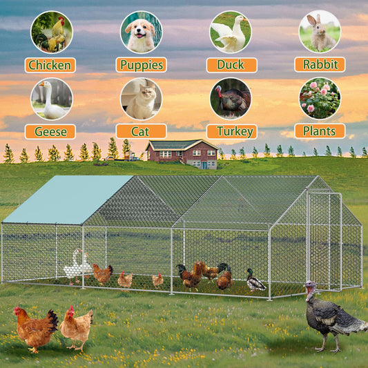 Vipbear Large Metal Chicken Coop Run with Immersed Wire Mesh, Chicken Coop for 8 Chickens Heavy Duty Chicken Run in for Yard with Waterproof Cover and Secure Lock,236'' L x 118''W x 77''H