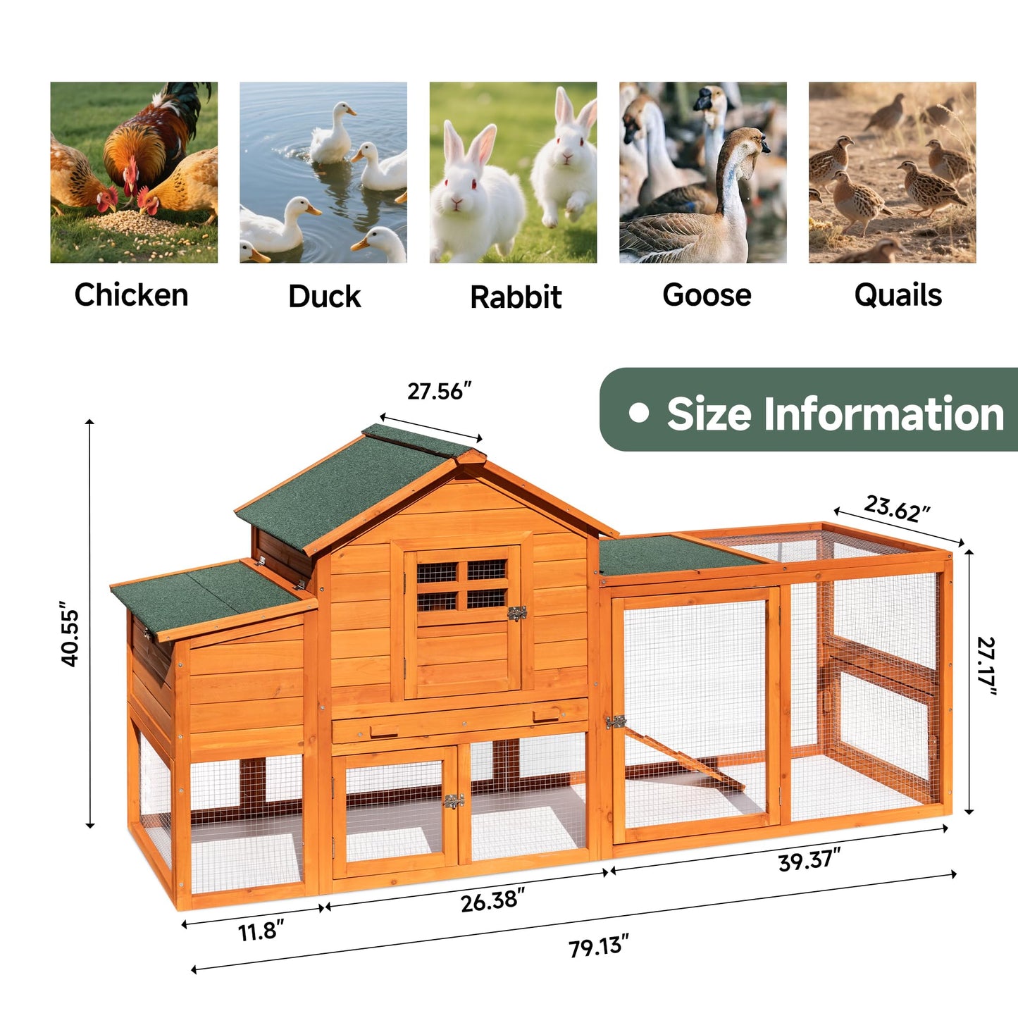GARWOOD Large Wooden Chicken Coop Outdoor Big Hen House Poultry Pet Duck Hutch with Run Cage Nesting Box Waterproof Asphalt Roof Ramp Removable Tray Wire Fence for Backyard Small Animals 79" Brown