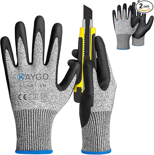 KAYGO 2 Pairs Cut Resistant Gloves for Men and Women, ANSI Cut Level A3 Nitrile Micro-Foam Safety Gloves KG21NB, Durable, Ideal for Wood Carving, Glass Handling, Construction, Fishing, M, Grey