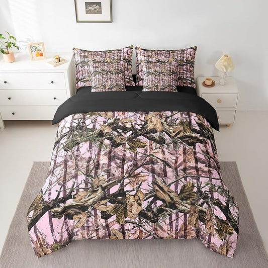 Feelyou Tree Branches 7 Pieces Bedding Set, for Kids Wild Hunting Bed Set Twin Size Botanical Tree Bed in a Bag with Comforter, Sheets, Pillowcases Bedroom Decor Nature Theme Light Pink Brown