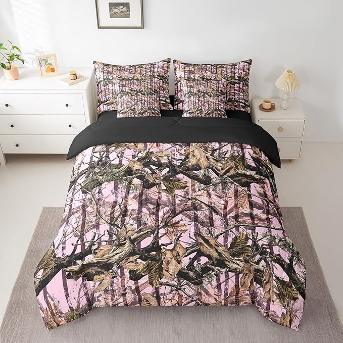Feelyou Tree Branches 7 Pieces Bedding Set, for Kids Wild Hunting Bed Set King Size Botanical Tree Bed in a Bag with Comforter, Sheets, Pillowcases Bedroom Decor Nature Theme Light Pink Brown