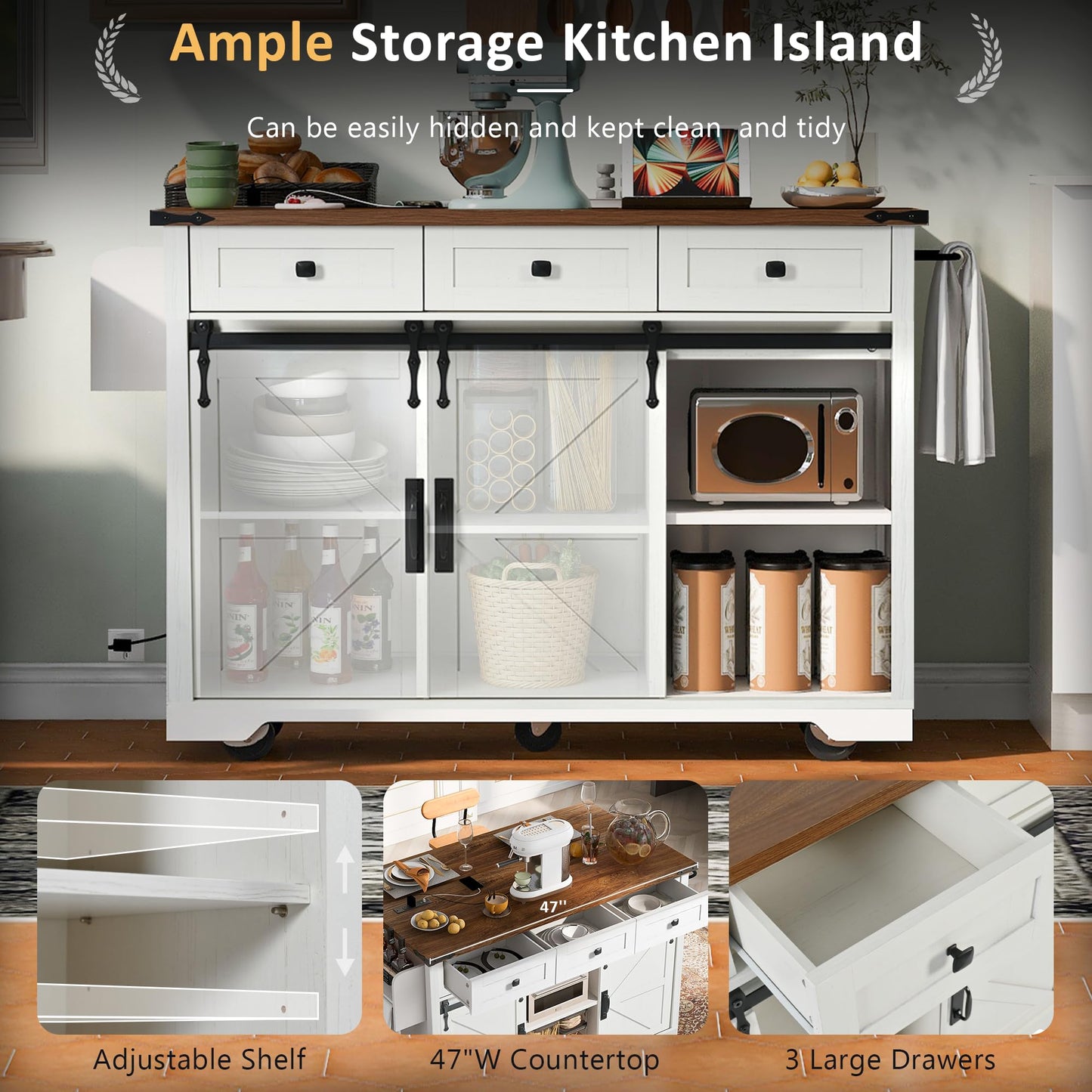 Ball & Cast Farmhouse Kitchen Island Cart with Power Outlet,2 Sliding Barn Doors,3 Adjustable Shelves,Dining Storage Island W/Drop Leaf,Spice Rack,Rolling Cart on Wheels,for Kitchen,Dining Room,White
