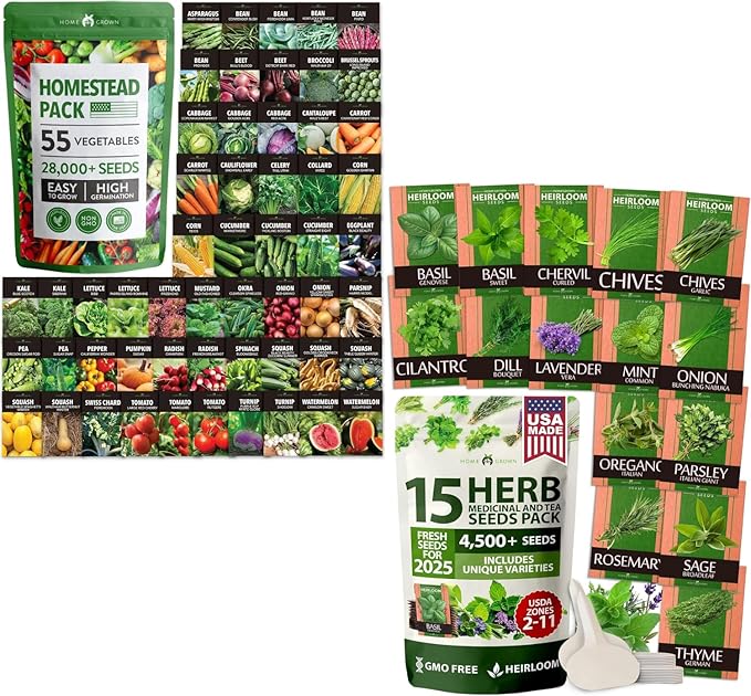 55 Vegetable Seeds & 15 Culinary Herb Seeds Pack – 32,500+ USA Non-GMO Heirloom Seeds for Planting – Survival Garden Kit for Preppers – Gifts for Gardeners Men Women