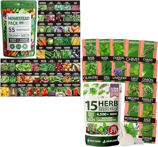 55 Vegetable Seeds & 15 Culinary Herb Seeds Pack – 32,500+ USA Non-GMO Heirloom Seeds for Planting – Survival Garden Kit for Preppers – Gifts for Gardeners Men Women