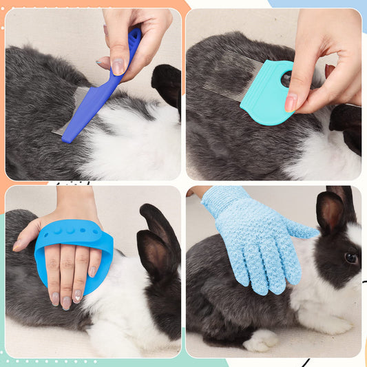 VCZONE Small Animal Grooming Set: Pet Nail Clipper & File, Flea Comb, Shampoo Brush, Shedding Slicker Brush, Massage Glove, Cleaning Comb (Blue)