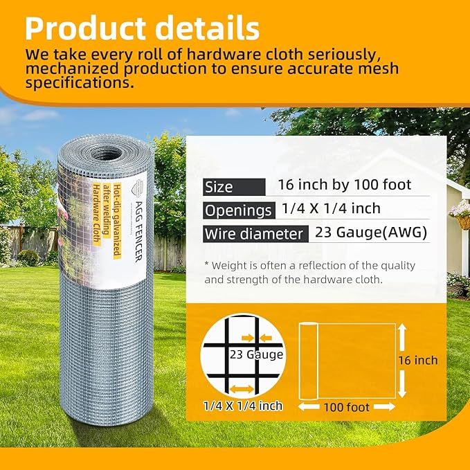 16inch x 100ft Hardware Cloth 1/4 inch Chicken Wire Fencing 23Ga, Hot Dipped Galvanized After Welding Garden Plant Supports Welded Metal Chicken Wire Fence Poultry Animal Netting Cage Screen