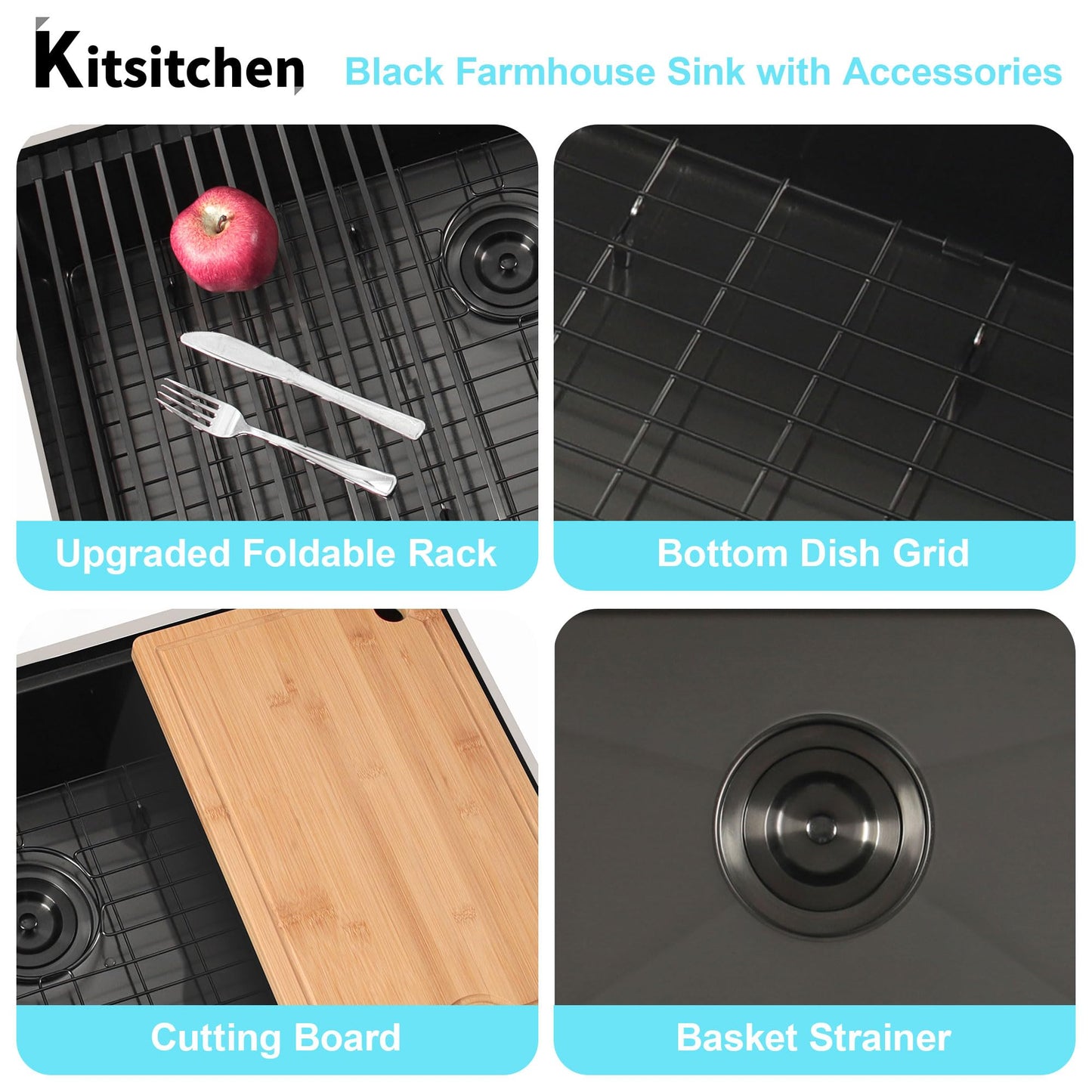 Farmhouse Sink 33 inch, Black 16 Gauge Ledge Stainless Steel Rustic Farmhouse Sinks Apron Front Undermount Farm Single Bowl Kitchen Sinks with Accessories,33"x20"x10"