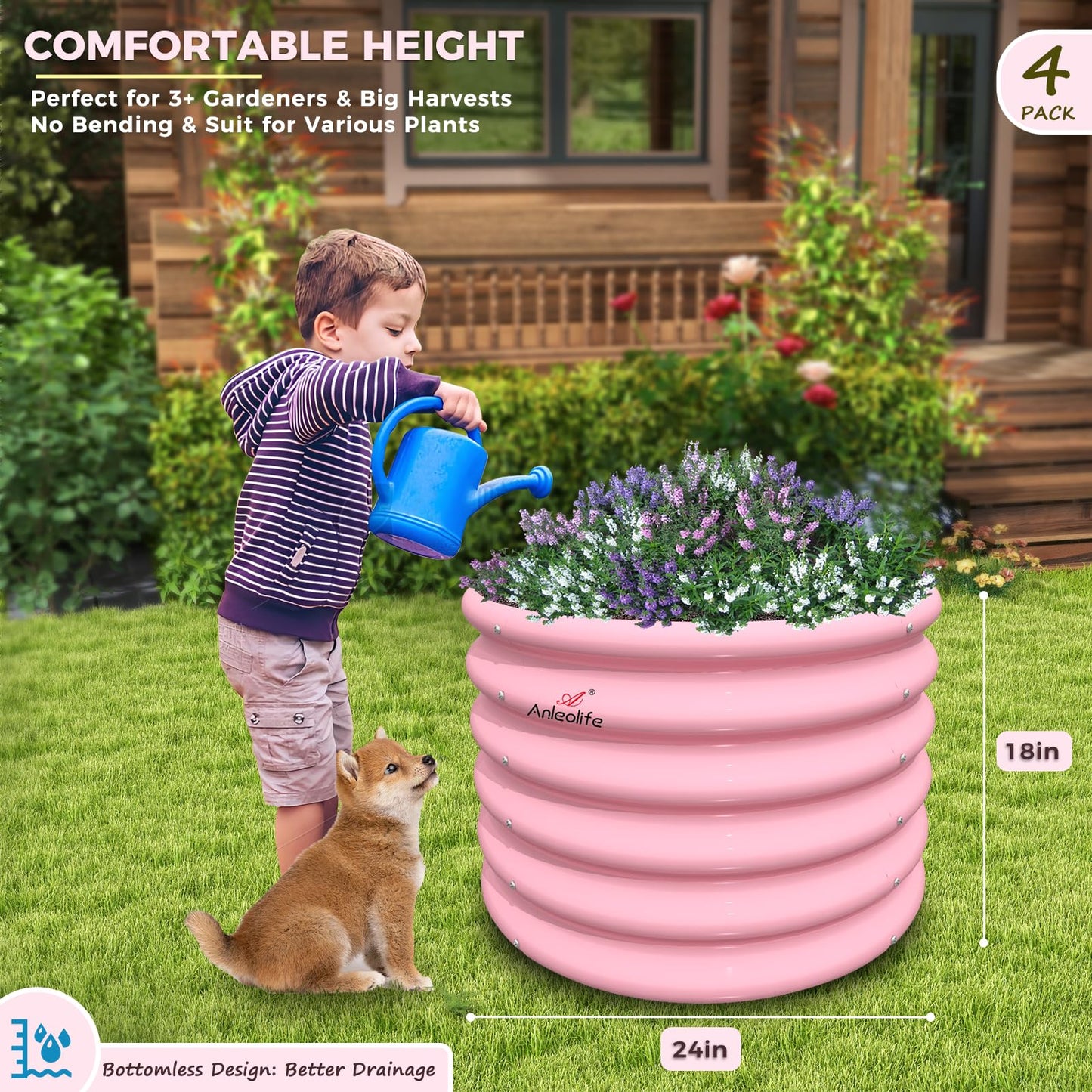 A ANLEOLIFE Kids Raised Garden Beds Outdoor (4-Pack)-24x24x18in Round Galvanized Metal Planter Box for Planting Vegetables, Flowers, Fruits, Eco-Safe & Easy Setup, Blush Pink