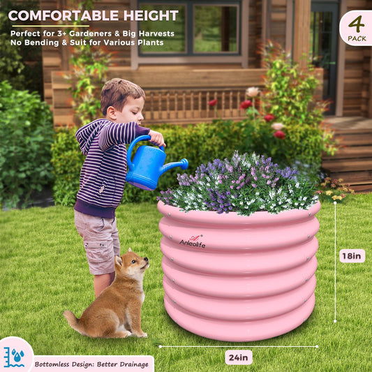A ANLEOLIFE Kids Raised Garden Beds Outdoor (4-Pack)-24x24x18in Round Galvanized Metal Planter Box for Planting Vegetables, Flowers, Fruits, Eco-Safe & Easy Setup, Blush Pink