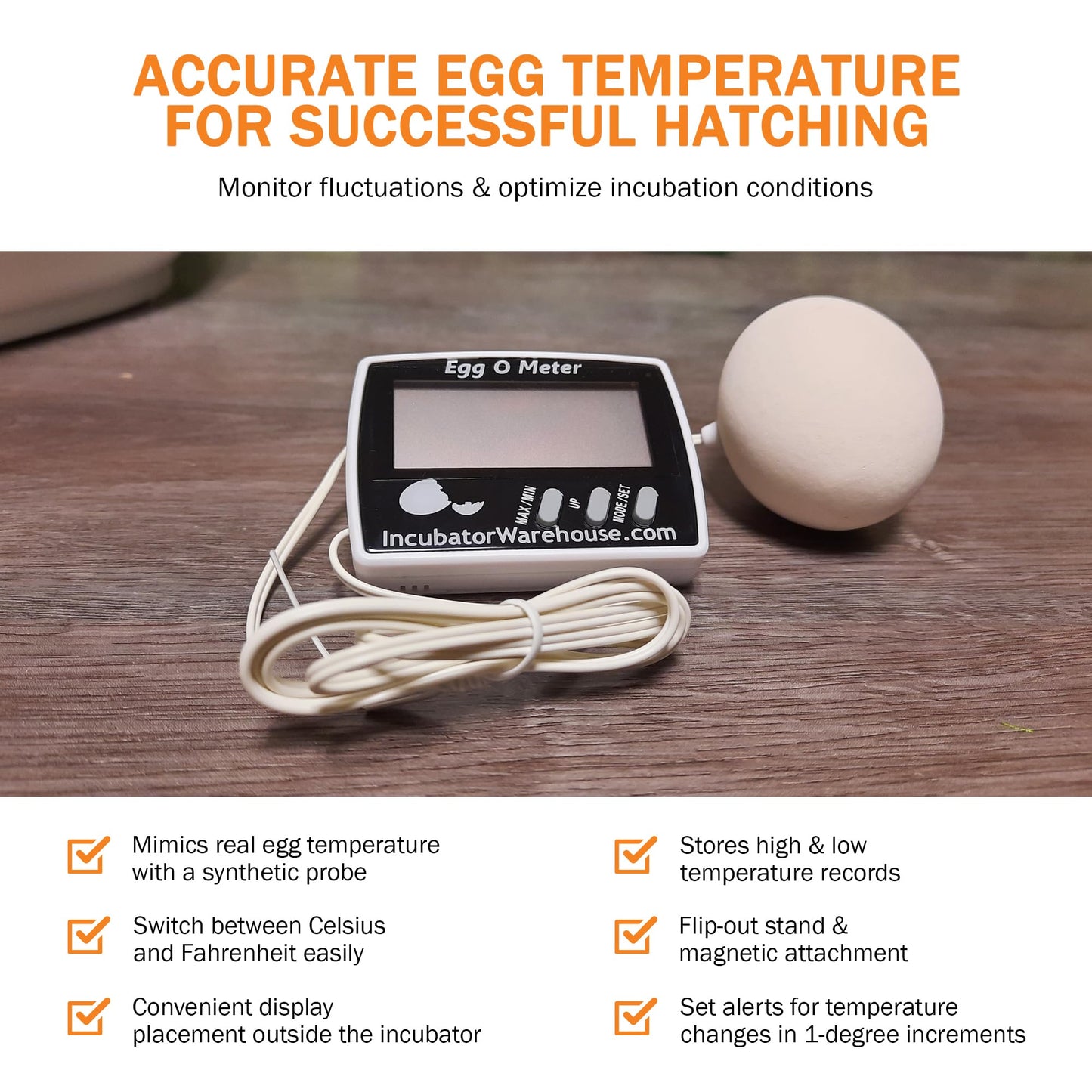 Incubator Warehouse Egg-O-Meter - Large Digital Display Egg Thermometer with Min/Max Memory - Reads Celsius and Fahrenheit +/-1