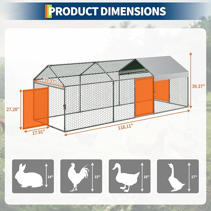 Large Metal Chicken Coop 10' x 3.3" x 3.3" Chicken Runs with Waterproof and Anti-UV Cover,3 Doors,Outdoor Hen House for Yard, Walk in Poultry Cage for Rabbit Duck Goose