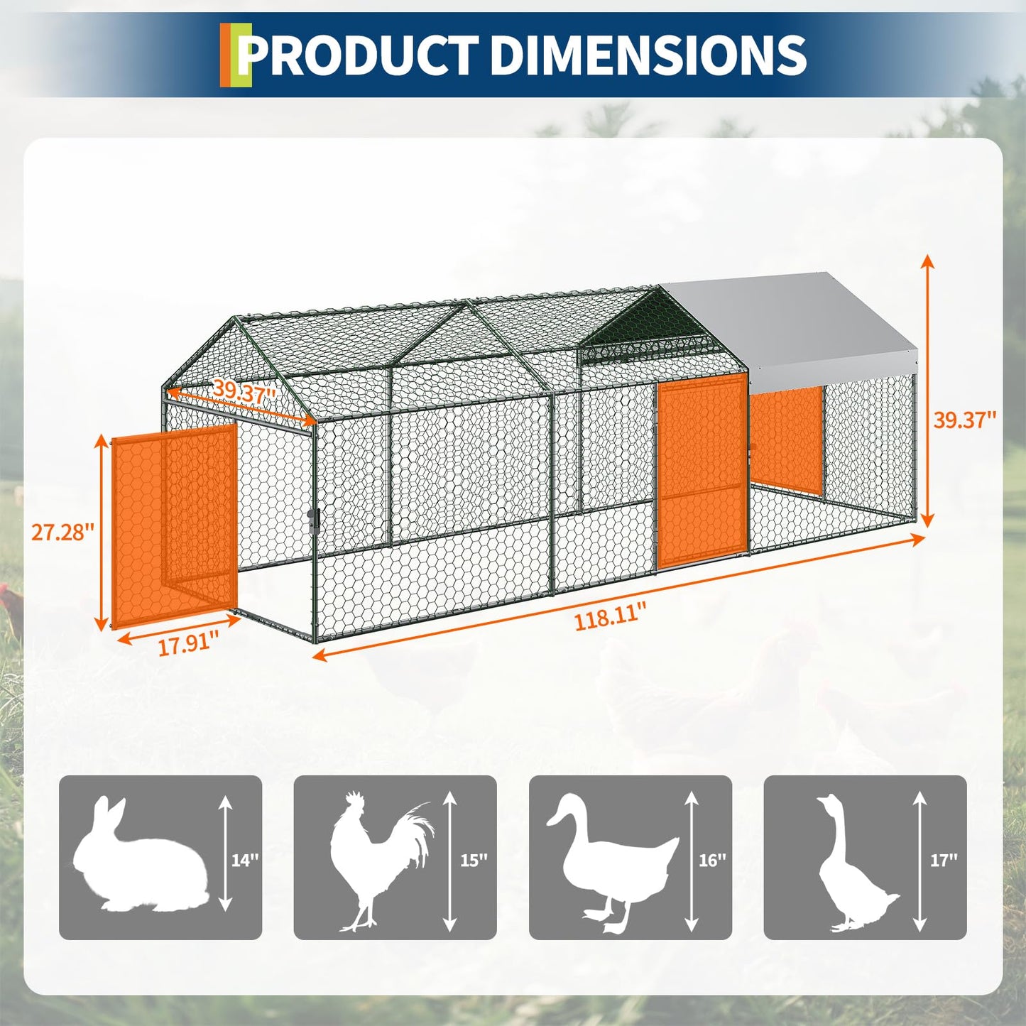 Garvee Large Metal Chicken Coop, Chicken Runs for Yard with Waterproof and Anti-UV Cover, Portable Chicken coop for Outdoor Chicken Rabbit Duck, Silver, 120"×40"×40"