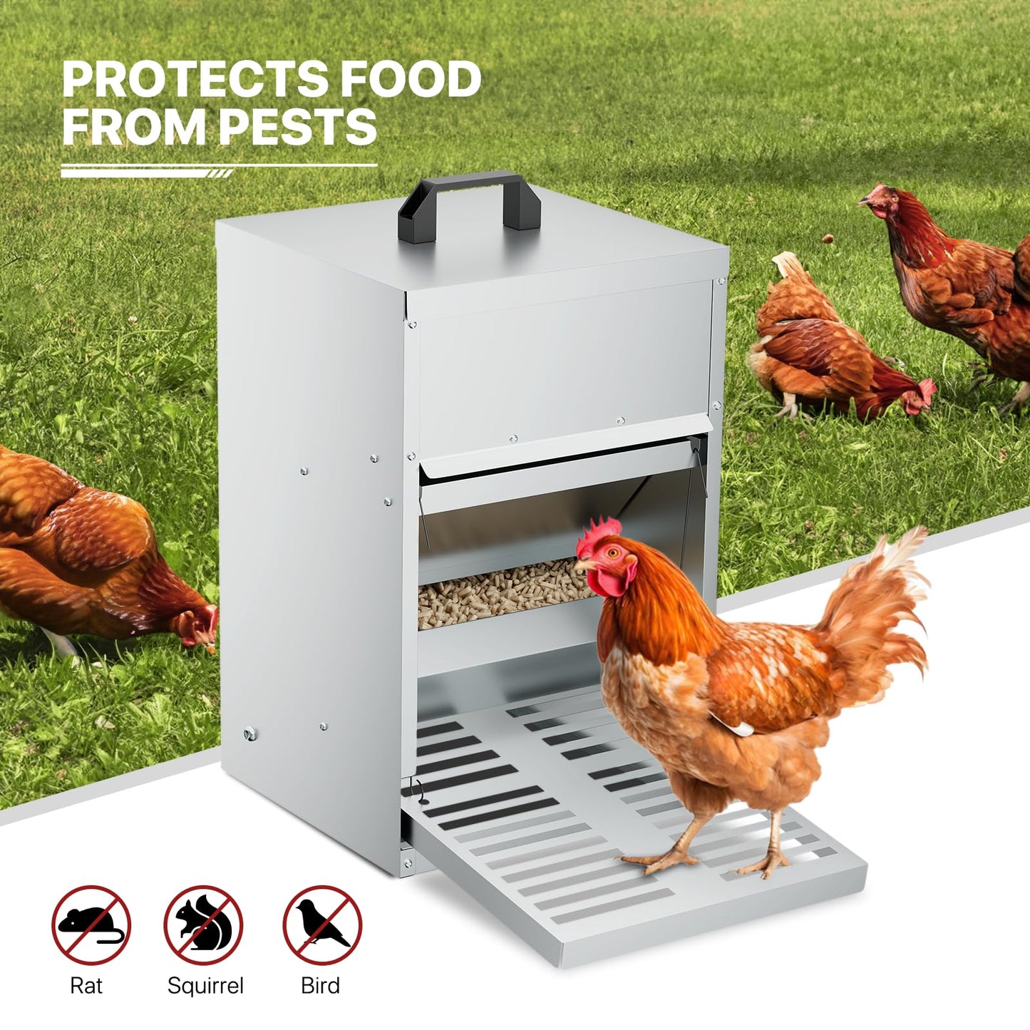 MoNiBloom Automatic Treadle Chicken Feeder, 11 lb Galvanized Steel Duck Feeder with Weatherproof Lid, Coop Feeder Rodent Proof Poultry Feeder for Chickens, Ducks, Geese