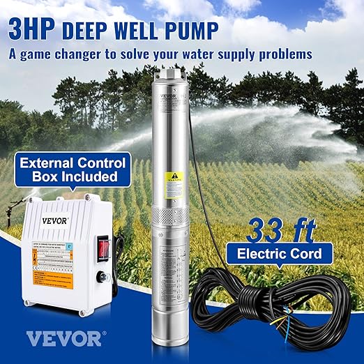 VEVOR Deep Well Submersible Pump, 3HP 230V/60Hz, 37GPM 640 ft Head, with 33 ft Cord & External Control Box, 4 inch Stainless Steel Water Pumps for Industrial, Irrigation and Home Use, IP68 Waterproof