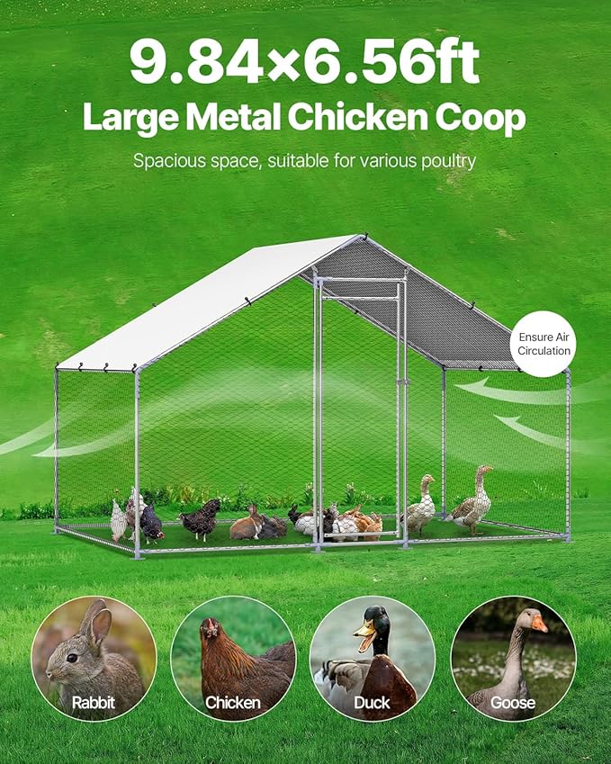 VEVOR Large Metal Chicken Coop with Run, Walkin Chicken Coop for Yard with Waterproof Cover, 6.5 x 9.8 x 6.5 ft, Spire Roof Large Poultry Cage for Hen House, Duck Coop and Rabbit Run