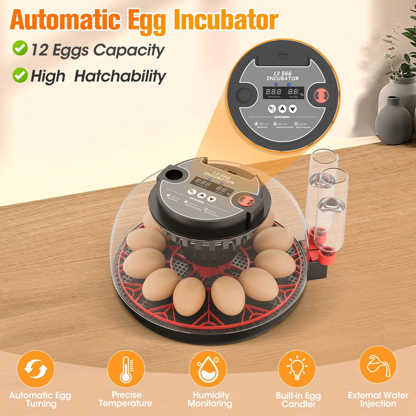 Incubators for Hatching Eggs,12 Egg Automatic Egg Turner with Temperature Humidity Control,Digital Display,Auto Alarm,360° Viewing for Chicken,Quail,Duck Eggs