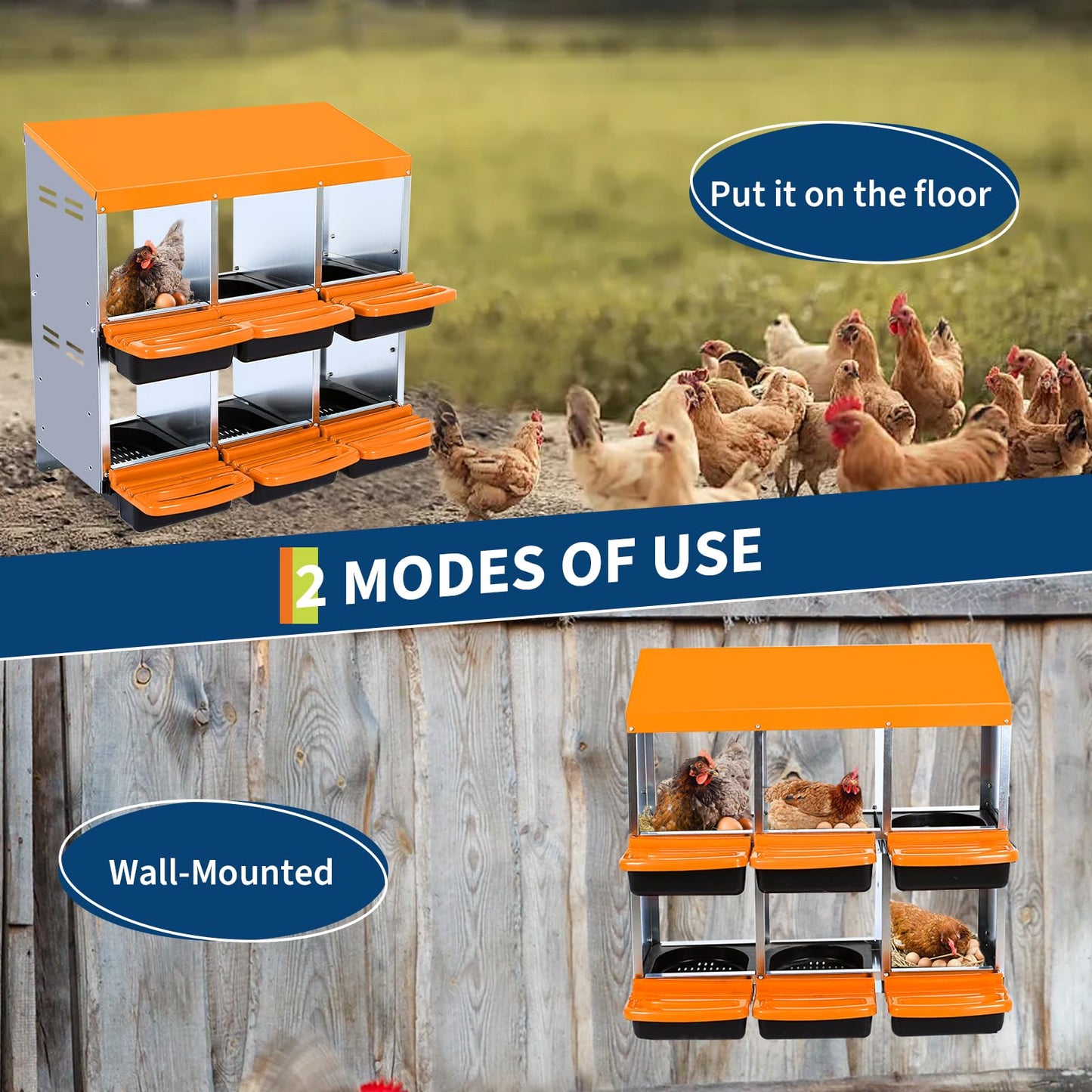 Chicken Nesting Box,6 Hole Roll Away Nesting Box for Laying Eggs,Wall Mount Chicken Nesting Boxes,Easy Egg Collection,Cleanable Pull Out Hen Roosting Boxes