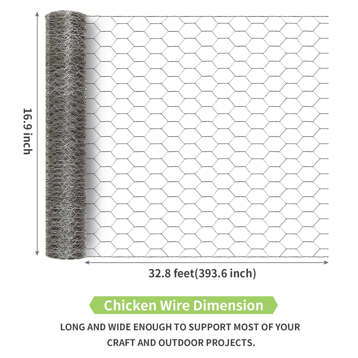 MIVERYEA Chicken Wire Fencing 16.9 Inch x 32.8 Ft, Metal Chicken Wire Fencing Mesh for Crafts, 0.6 Inch Hexagonal Galvanized Netting for Poultry Rabbit Coop