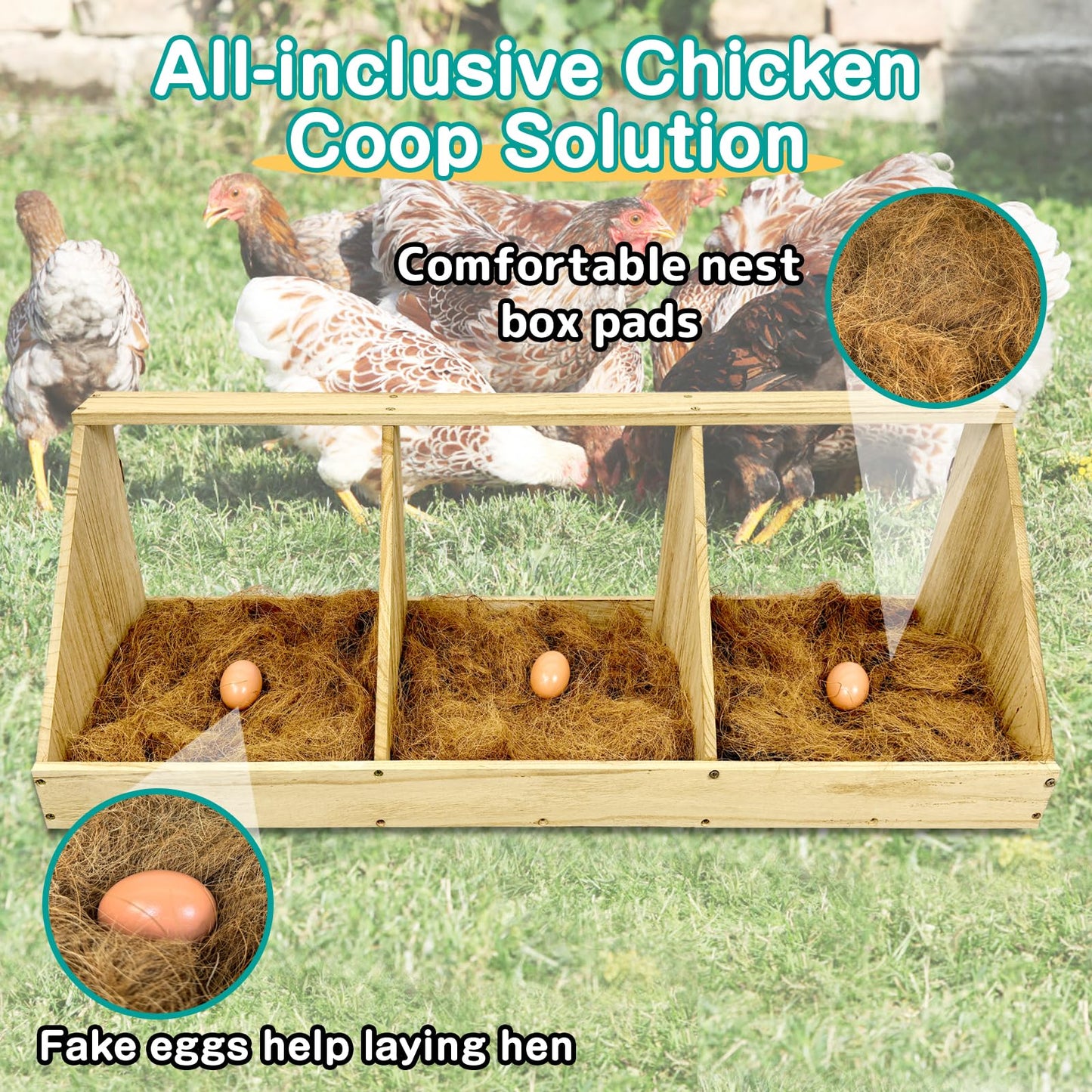 Chicken Nesting Boxes, 3 Compartment Wooden Chicken Laying Boxes, Nesting Boxes for Chickens, Hens, Ducks, Poultry Nest Box for Laying Eggs, (Includes 3 Fake Eggs, 3 Nest Box Pads)