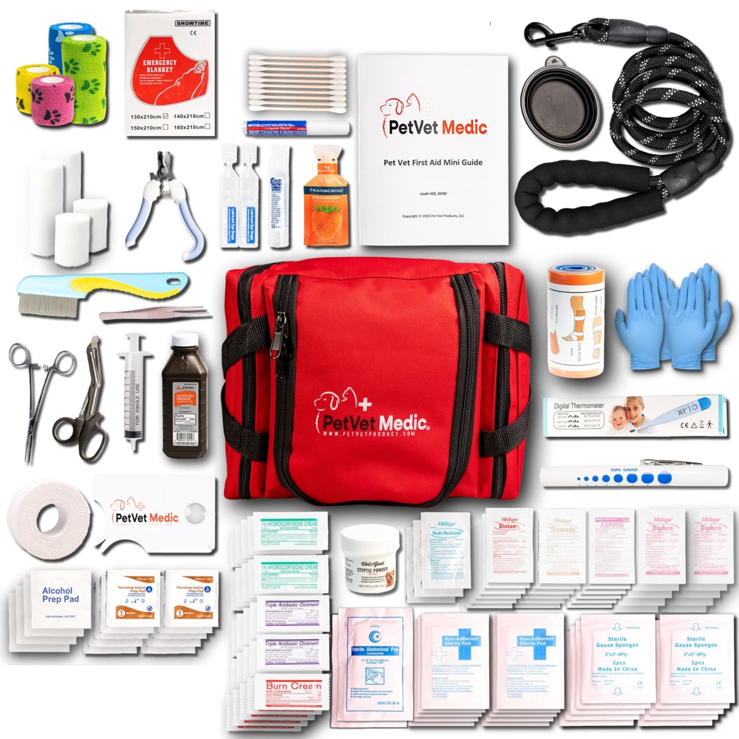 PetVet Medic Cat & Dog First Aid Kit - Dog Emergency Kit, Dog Health Supplies & Dog Wound Care -with Dog Thermometer, Dog Bandages for Wounds - Dog Essentials, Dog Travel Bag (Medium)