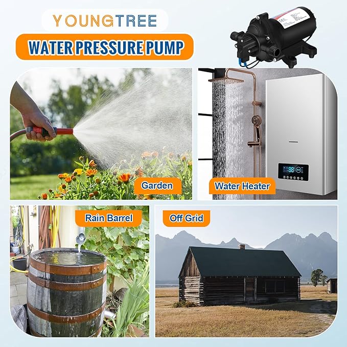 YOUNGTREE 110V Industrial Water Pressure Diaphragm Pump 4.0GPM 50PSI On Demand RV Electric Water Transfer Pump 110Volt AC with Garden Hose Adapters for Irrigation Home Pool Draining Sprinkler