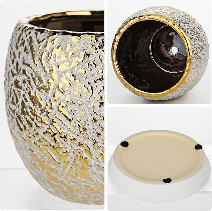 Ceramic Plant Pots for Plants Indoor 5.3 Inch Round Gold and White Flower Pot Gilded Decorative Planter with Drainage Hole and Saucer Modern Ceramic Pot for Succulents Orchids Cactus Herbs Home Decor