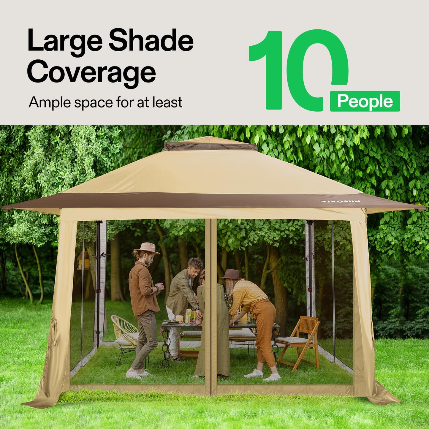 VIVOSUN 13 x 13 Pop Up Canopy Tent, Quick Setup Canopy Shelter with Mosquito Netting, Center Lock, Storage Bag, Instant Outdoor Gazebo for Parties, Patio, Lawn, Garden, Backyard, Khaki