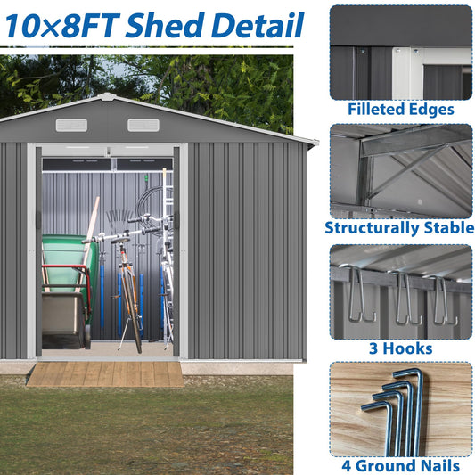 KEIKI Storage Shed 10x8 FT, Large Metal Tool Shed for Outdoor Storage, Galvanized Steel Garden Shed with Lockable Sliding Doors for Patio, Backyard, Lawn, Grey