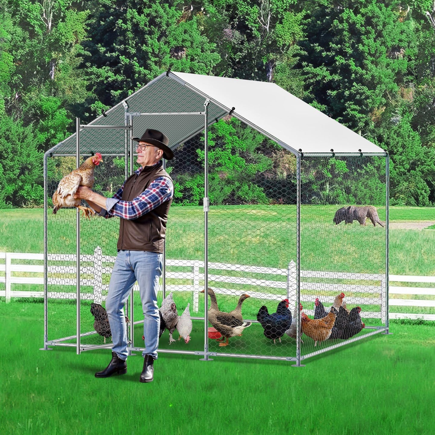 VEVOR Metal Chicken Coop, 6.56x6.56x6.56ft Walk in Chicken Runs for Yards with Cover, Spire Roof Hen House Enclosure with Security Lock, Outdoor Duck Rabbit Poultry Cage Pen for Backyard, Farm, Yard