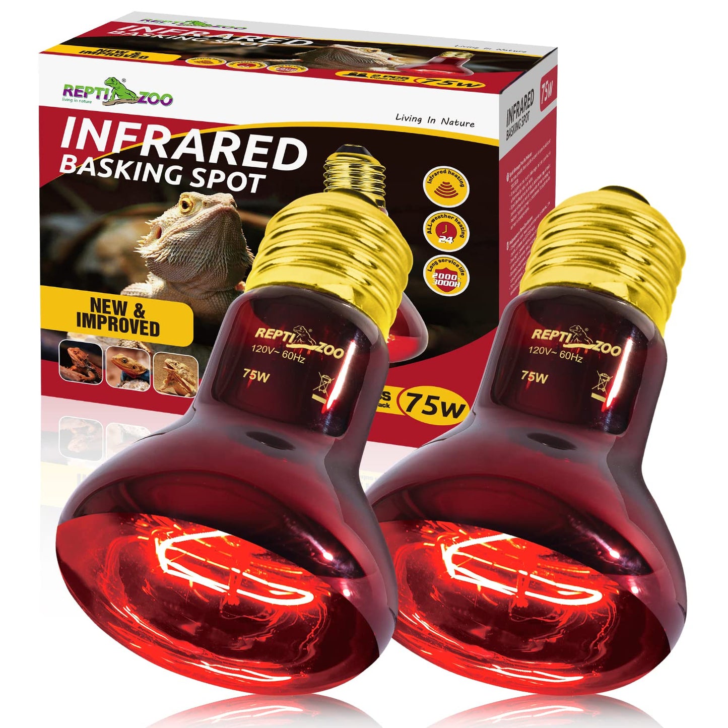 REPTI ZOO 75W Reptile Heat Lamp Bulb 2PCS Infrared Heat Emitter Red Heat Lamp for Reptile Amphibian, Infrared Basking Spot Light Bulb