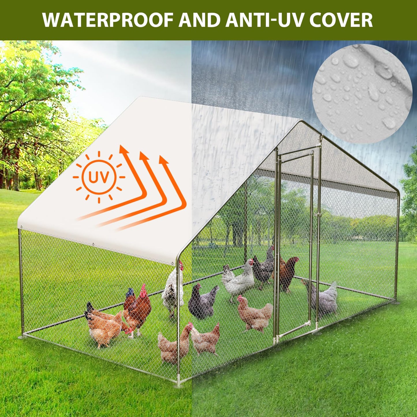 Large Metal Chicken Coop - Walk-in Poultry Cage with Waterproof & Anti-Ultraviolet Cover, Ideal for Ducks, Geese, and Rabbits, Outdoor Walk-in Chicken Run, 9.8X6.5X6.5FT.