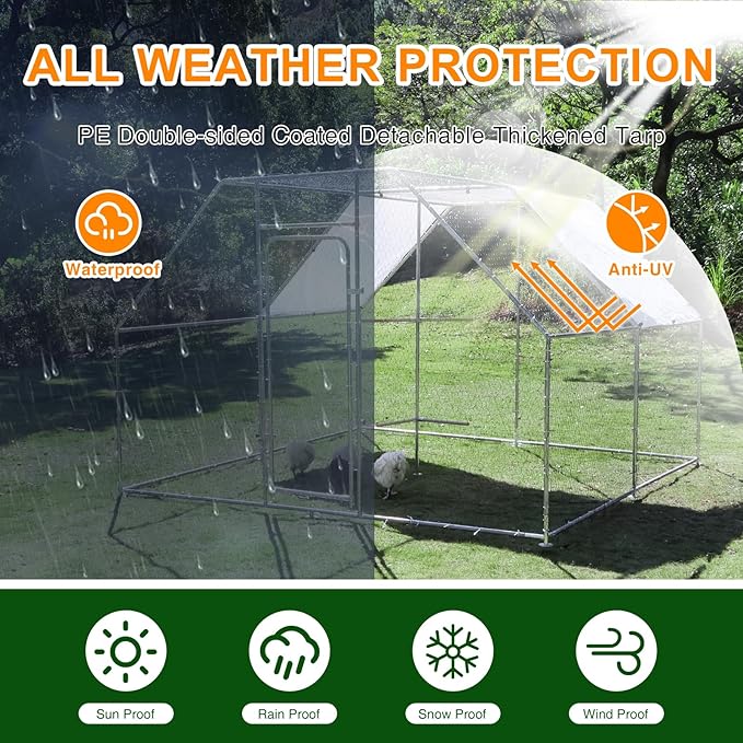 Large Metal Chicken Coop Run with Climbing Frame, Outdoor Walk-in Poultry Cage Flat Top with Waterproof&Anti-UV Cover, for Outdoor Backyard Farm, Silver (118" L x 118" W x 78.7" H)