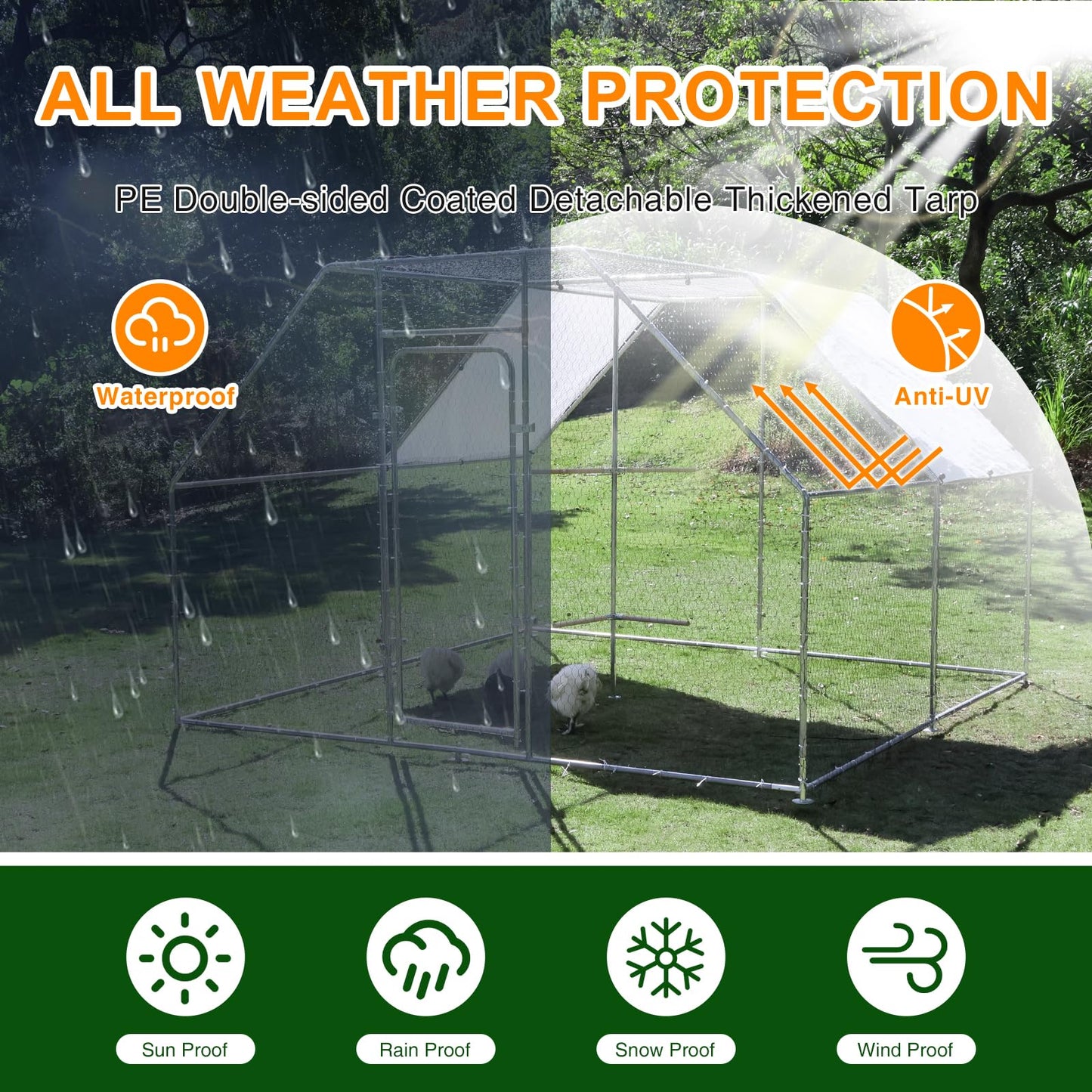 Large Metal Chicken Coop Run with Climbing Frame, Outdoor Walk-in Poultry Cage Flat Top with Waterproof&Anti-UV Cover, for Outdoor Backyard Farm, Silver (118" L x 118" W x 78.7" H)