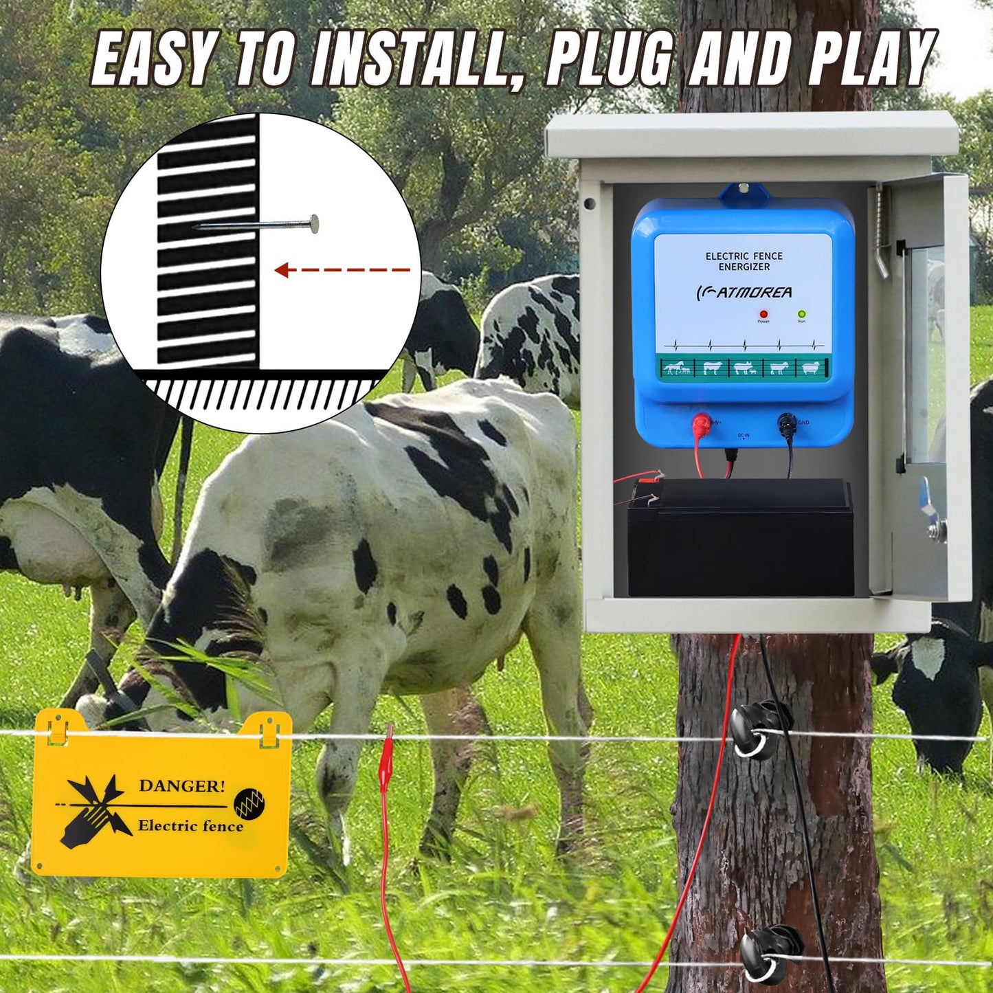 ATMOREA Electric Fence Charger - Multi-Powered, 4.5 Joules High-Power Output Energizer, Repels Large Wildlife - Ideal for Livestock, Pet, Poultry, Gardens, Orchards Protection