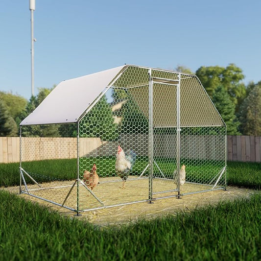 Large Metal Chicken Coop, 9.94x6.46x6.36 ft Walk-in Chicken Runs for Yard with Waterproof Cover, Flat Shaped Chicken House with Door for Outdoor and Backyard, Farm, Duck Rabbit Cage