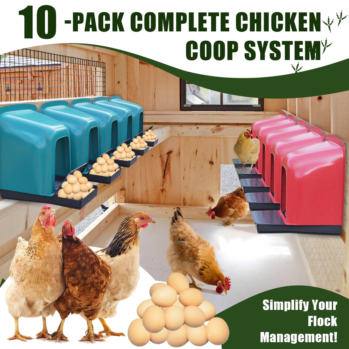 Yckcrc Nesting Boxes for Chickens - 10 Pack Roll Away Nesting Boxes Chicken Coop with Perch, Durable Plastic Chicken Laying Box with Pull Out Egg Tray, Poultry Farm & Hen House Accessories