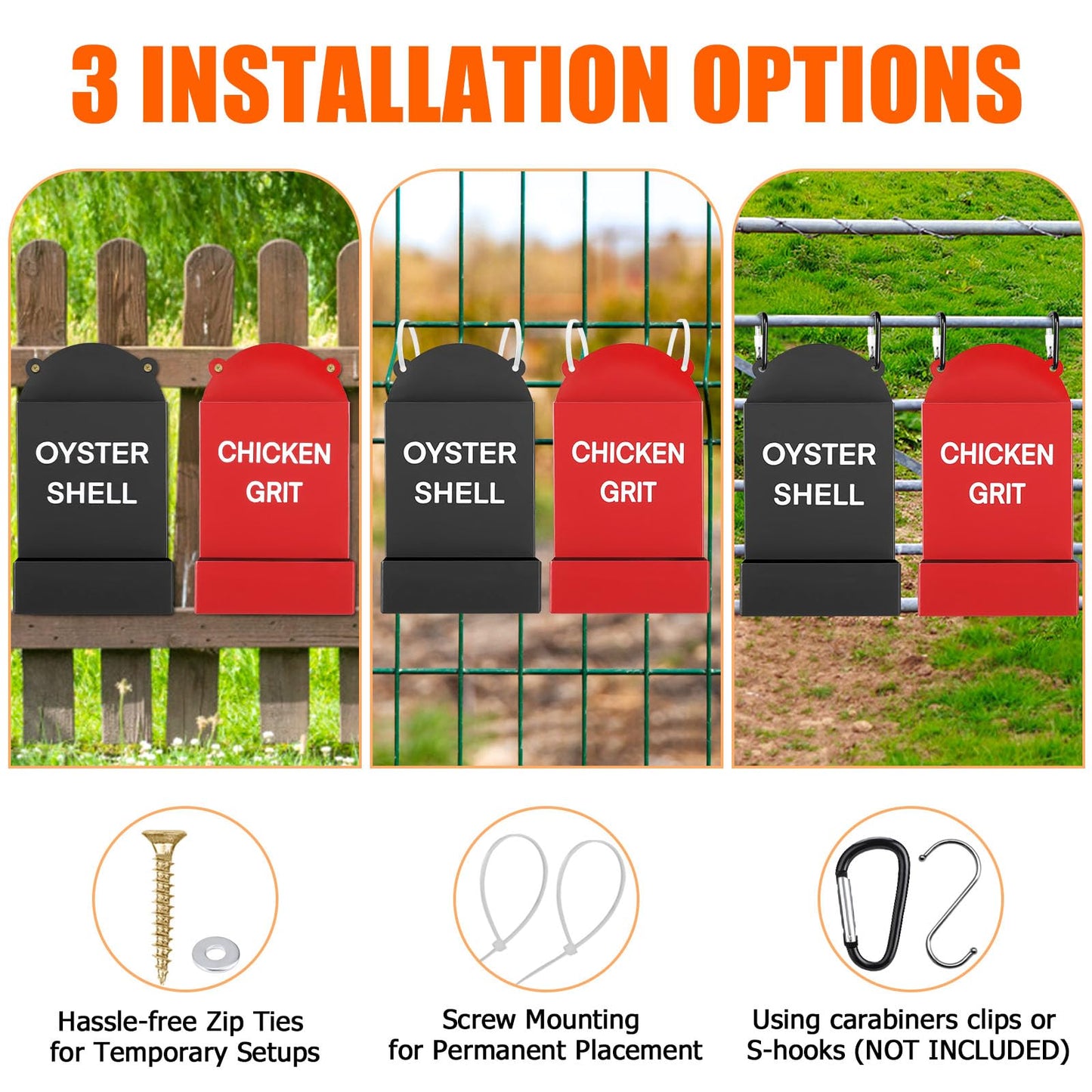 2PCS Chicken Grit Feeder Oyster Shell Feeder, Heavy Duty Metal Automatic Chicken Feeders, No Waste & No Mess, Gravity-Fed Chicks Food Dispenser Hanging Poultry Feeders for Coop Ducks, Pigeons, Doves
