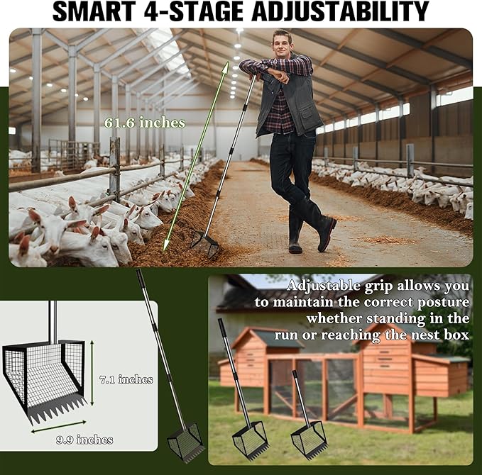 Chicken Coop Rake and Scoop 2-in-1 Chicken Poop Scooper 62" Adjustable Stainless Steel Sifting Shovel for Sand,Animal Waste Heavy Duty Dog Pooper Scooper for Coops & Pets