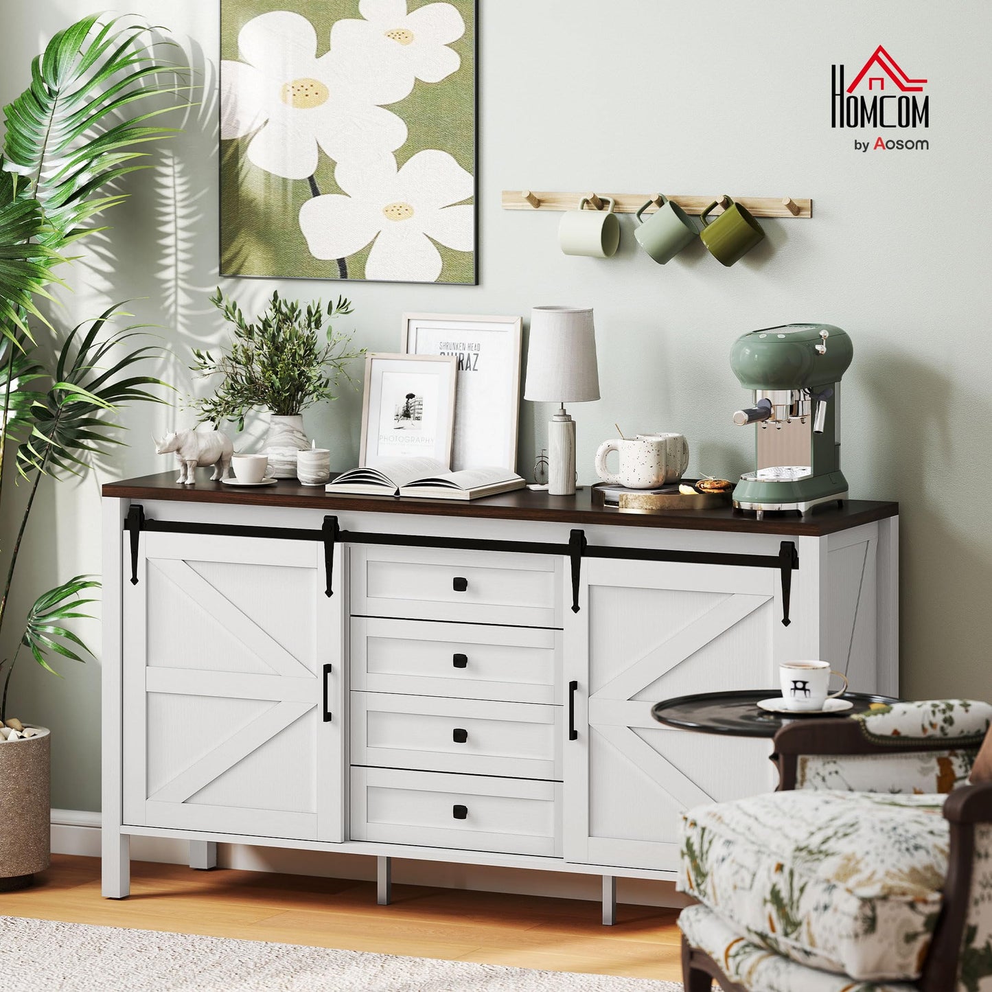 HOMCOM 59 Inch Farmhouse Sideboard Buffet Cabinet with Thick Top, Coffee Bar Cabinet with 2 Sliding Barn Doors, 4 Drawers and 2 Adjustable Shelves for Kitchen, Distressed White