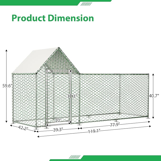 Metal Chicken Coop,10x3FT Walk-in Chicken Run,Galvanized Wire Poultry Chicken Hen Pen Cage, Rabbits Duck Cages with Waterproof and Anti-Ultraviolet Cover for Backyard and Farm