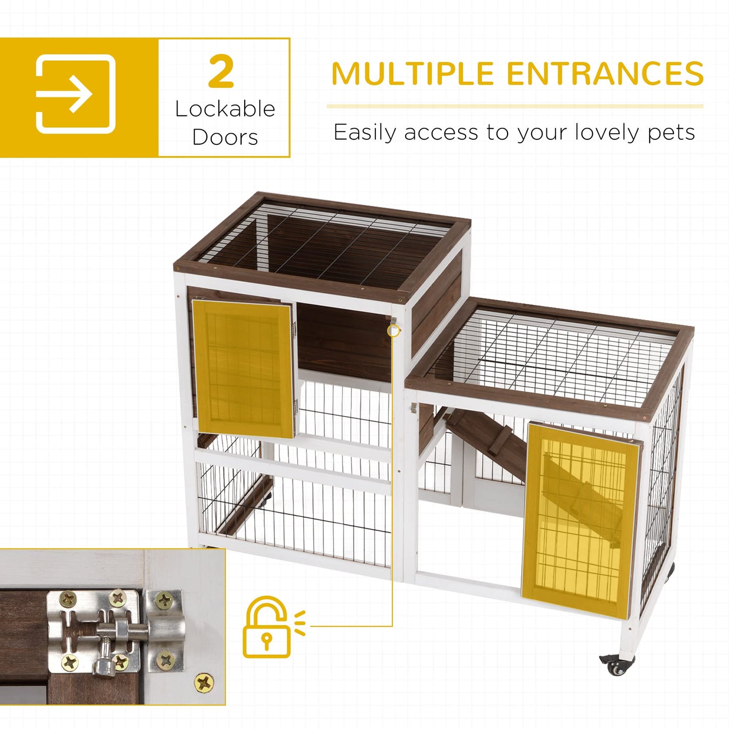 PawHut Wooden Rabbit Hutch Elevated Bunny Cage Indoor Small Animal Habitat with Enclosed Run with Wheels, Ramp, Removable Tray Ideal for Guinea Pigs, Brown