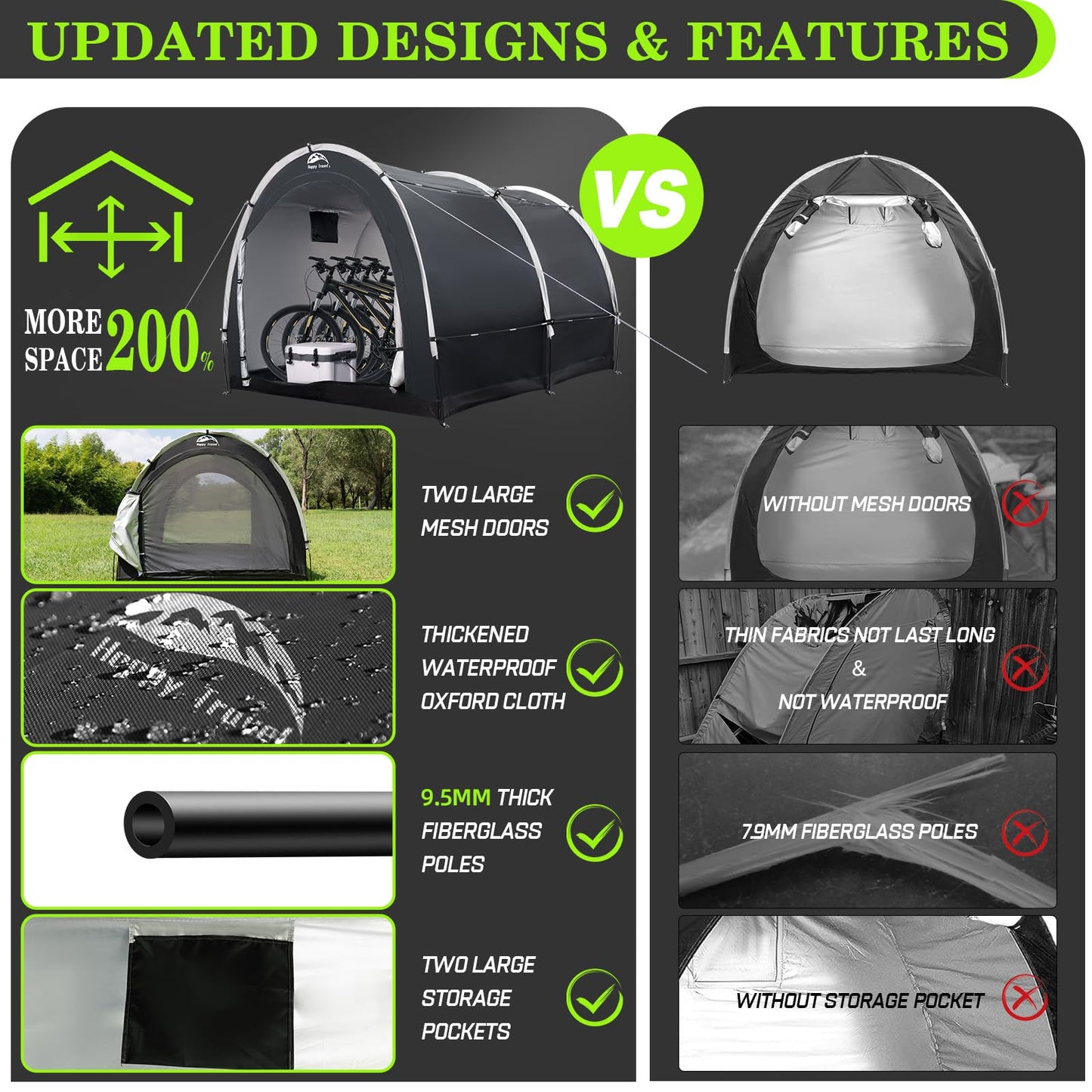 Happy Travel Bike Storage Tent Shed, Outdoor Waterproof Bicycle Covers Shelter with Window for 2/3/4/6/8 Bikes,Oversized Outside Portable Sheds for Lawn Mower,Garden Tools