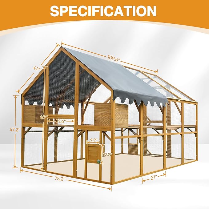 109.6'' Large Wood Chicken Coop Enclosures,Walk-in Poultry Cage, Chicken Run Pen Duck House with Walking Platforms & 2 Napping Houses,Waterproof and Anti-Ultraviolet Cover,Yellow