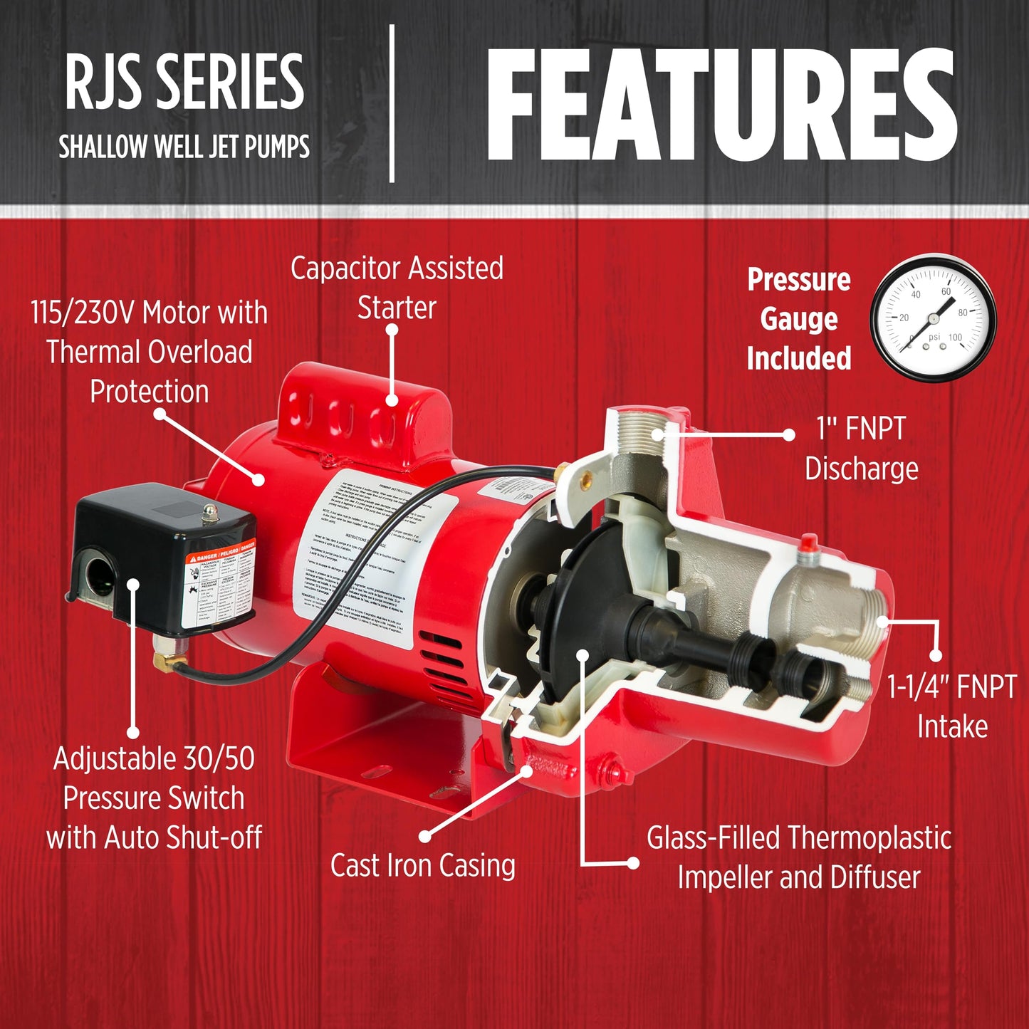 Red Lion RJS-75-PREM 3/4 HP, 16 GPM, 115/230 Volt, Premium Cast Iron Shallow Well Jet Pump, Red, 602207
