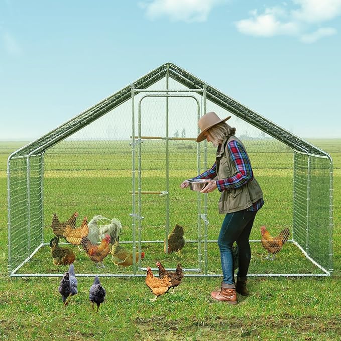 Chicken Coop Large Metal Chicken Run, Outdoor Walk-in Poultry Spire Roof Cage with Chicken Perch for Hen House, Duck Coop and Rabbit Run, Silver (9' L x 13.1' W x 6.56' H)