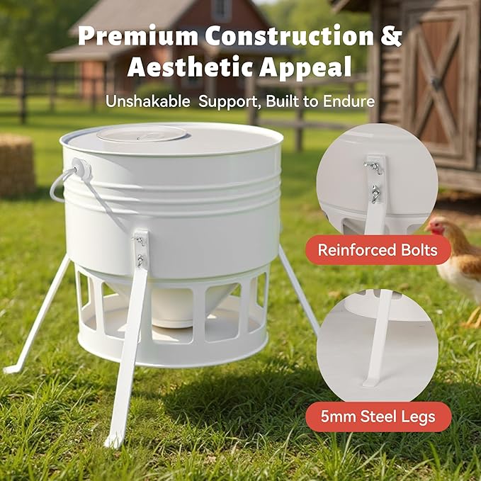 KOL Metal Chicken Feeder - 20lbs Ground Poultry Feeder with 12 Ports, Powder Coated Rust-Proof Design & Smooth Edges for Safe Feeding (Jade White)