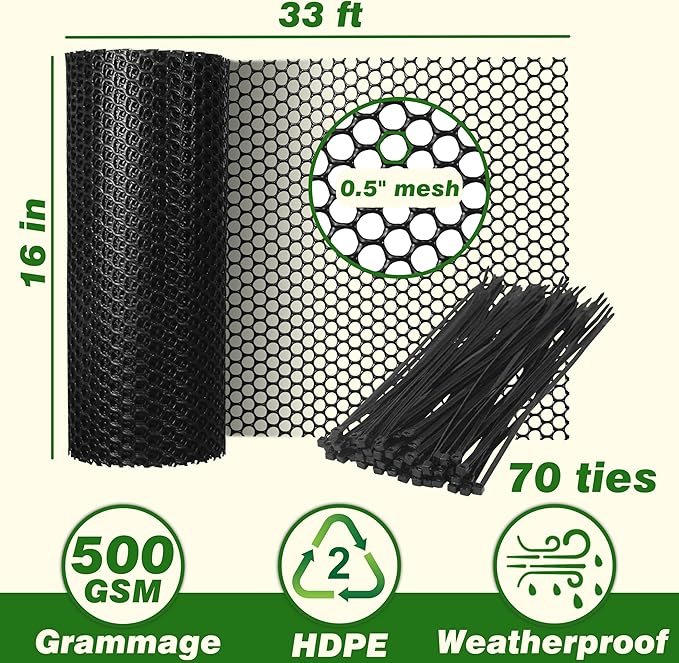 Gardzen Plastic Chicken Wire Mesh with 70 pcs Ties, 16in x 33ft Durable Chicken Fence for Poultry, Garden Protection & DIY Crafting, Heavy-Duty Mesh Netting for Outdoor & Indoor Use